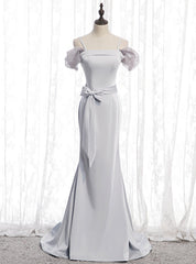 Silver Gray Mermaid Satin Spagehtti Straps Prom Dress With Sash