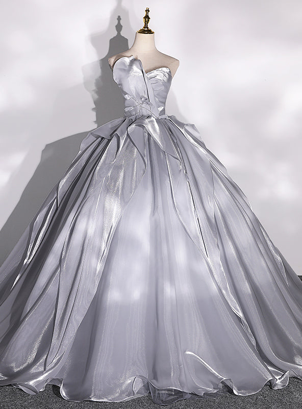 Silver Gray Strapless Pleats Quinceanera Dress