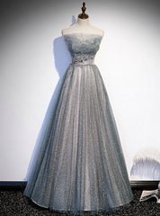 Silver Gray Tulle Sequins Strapless Beading Prom Dress