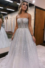 Silver Ombre Sequins Princess Straps A-Line Prom Gown