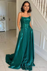 Simple A Line Spaghetti Straps Dark Green Long Prom Dress with Criss Cross Back