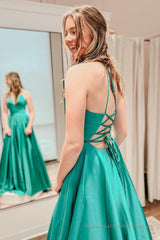 Simple A Line Spaghetti Straps Green Long Prom Dress with Slit