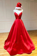 Simple A Line V Neck Backless Red Long Prom Dress, Backless Red Fromal Dress, Red Evening Dress