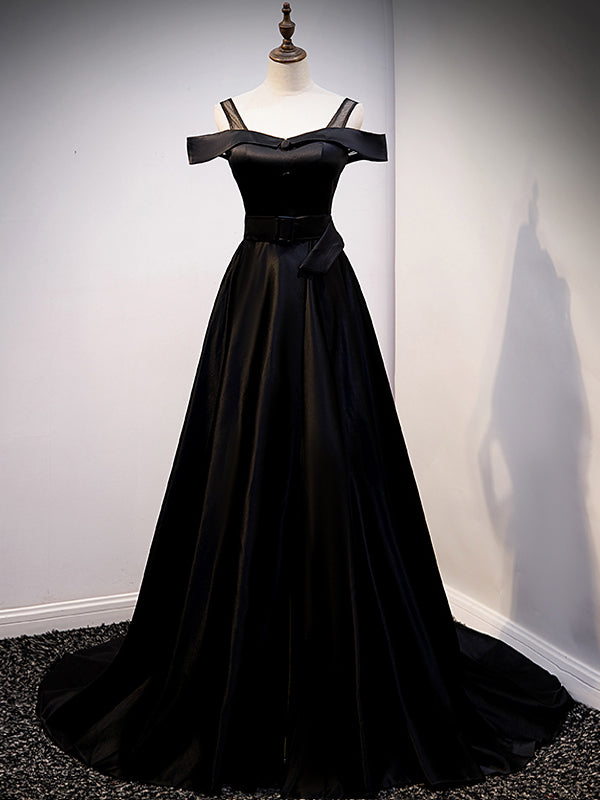 Simple Black Satin Straps Prom Dress With Belt