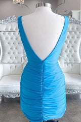 Simple Blue V Neck Bodycon Mini Dress Party Gowns