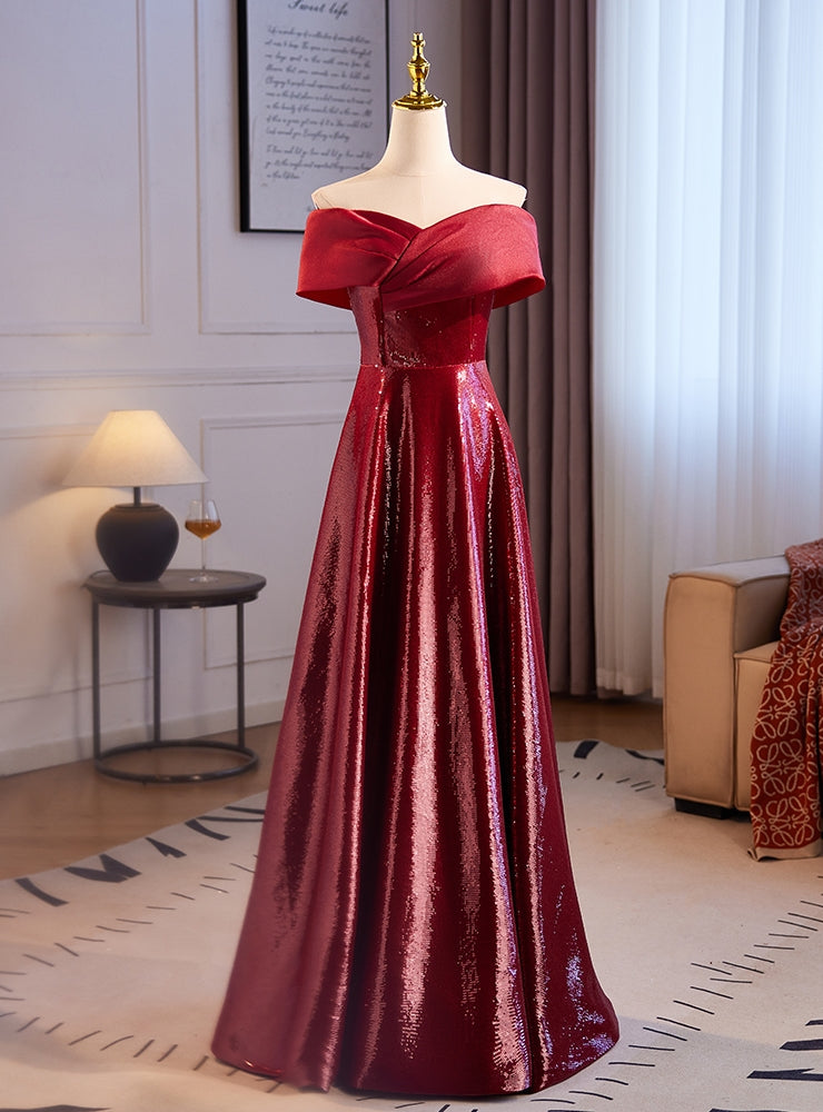 Simple Burgundy Sequins Off the Shoulder Prom Dress