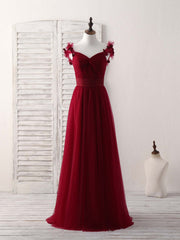 Simple Burgundy Tulle Long Prom Dress Burgundy Bridesmaid Dress