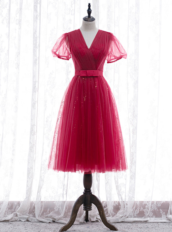 Simple Burgundy Tulle V-neck Short Sleeve Pleats Prom Dress