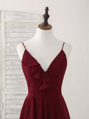 Simple Burgundy V Neck Chiffon Long Prom Dress, Bridesmaid Dress