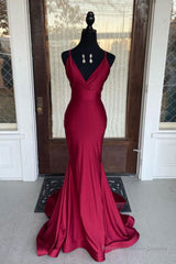 Simple burgundy v neck satin mermaid long prom dress burgundy evening dress