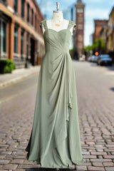 Simple Cap Sleeves Chiffon Floor Length Bridesmaid Dresses