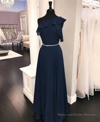 Simple chiffon dark blue long prom dress, bridesmaid dress