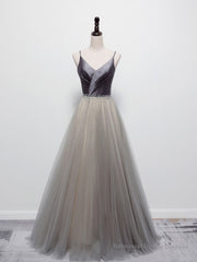 Simple gray v neck tulle long prom dress, gray tulle formal dress