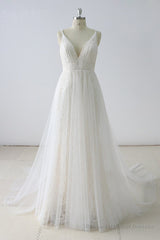 Simple Long A-line V Neck Tulle Wedding Dress