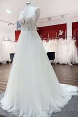 Simple Long V-neck Sequins Ruffles A-line Tulle Backless Wedding Dress