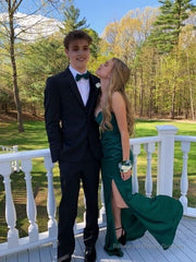 Simple Mermaid Dark Green Slit Long Prom Dresses Formal Dress