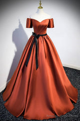 Simple Satin Long Prom Dress, Short Sleeve A-Line Evening Party Dress