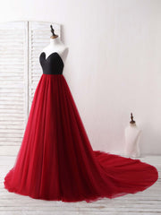 Simple Sweetheart Burgundy Tulle Long Prom Dress, Evening Dress