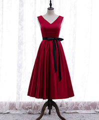 Simple V Neck Satin Burgundy Short Prom Dress, Burgundy Bridesmaid Dress