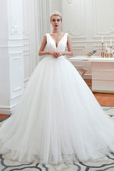 Simple White A Line V Neck Open Back Tulle Wedding Dresses