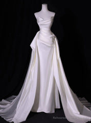 Simple White Mermaid Satin Strapless Pleats Wedding Dress