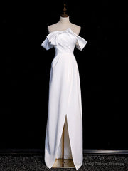 Simple White Off Shoulder Satin Long Prom Dress, White Long Formal Dress