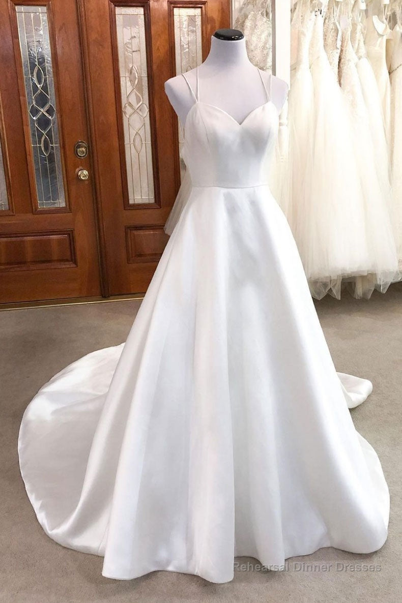 Simple white v neck satin long wedding dress white bridal dress