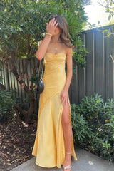 Simple Yellow Sheath Side Slit Maxi Long Party Prom Dresses Online