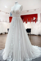 Simply Long A-line Tulle Lace Open Back Wedding Dresses