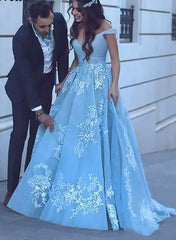 Sky Blue Ball Gown Lace Appliqued Off the Shoulder Quinceanera Dress