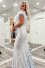 Sky Blue Sequin Mermaid Prom Dress with Feather