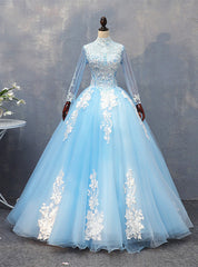 Sky Blue Tulle Long Sleeve Appliques Quinceanera Dress