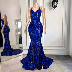 Spaghetti-Straps Mermaid Long Prom Dress With Sequins in Royal Blue