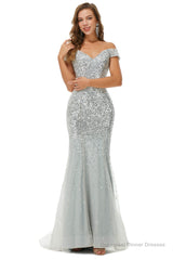 Sparkle Silver Mermaid Beaded Cap Sleeves Off-The-Shoulder Prom Dresses