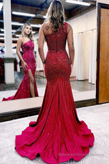 Sparkly Burgundy Beaded One Shoulder Long Prom Dress with Slit Formal Evening Dresses