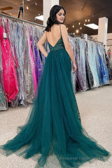 Sparkly Dark Green Tulle Sequin Detachable Train Prom Dress with Slit