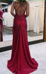 Sparkly Dark Red One Shoulder Sheath Long Prom Dress with Slit Formal Evening Dresses