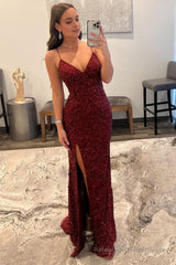 Sparkly Dark Red Sequins Long Prom Dress with Slit Formal Evening Dresses