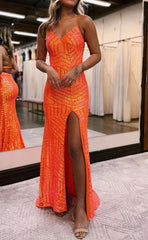 Sparkly Orange Open Back Sequins Long Prom Dress with Slit Formal Evening Dresses