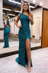 Sparkly Peacock Blue Sequins Mermaid One Shoulder Long Prom Dress with Slit Formal Evening Dresses