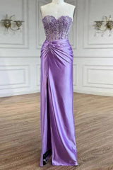 Purple Prom Dress Strapless Mermaid Corset Long Evening Dress with Slit