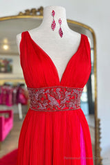 Red Prom Dress A Line Chiffon Long Evening Dress with Slit