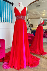 Red Prom Dress A Line Chiffon Long Evening Dress with Slit