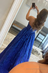 Sparkly Royal Blue Long Prom Dress with Pockets Party Dresses Gowns