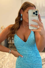 Sparkly Sky Blue Sequins Lace-Up Long Prom Dress with Slit