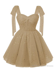 Sparkly Starry Champagne Tulle Short Homecoming Dresses Spaghetti Bow Straps Prom Dress Sequin Cocktail Party Dress for Teens