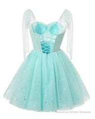 Sparkly Starry Mint Green Tulle Short Homecoming Dresses Spaghetti Bow Straps Prom Dress Sequin Cocktail Party Dress for Teens