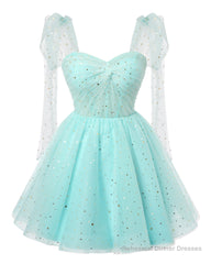 Sparkly Starry Mint Green Tulle Short Homecoming Dresses Spaghetti Bow Straps Prom Dress Sequin Cocktail Party Dress for Teens