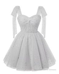 Sparkly Starry Silver Gray Tulle Short Homecoming Dresses Spaghetti Bow Straps Prom Dress Sequin Cocktail Party Dress for Teens