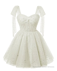 Sparkly Starry White Tulle Short Homecoming Dresses Spaghetti Bow Straps Prom Dress Sequin Cocktail Party Dress for Teens